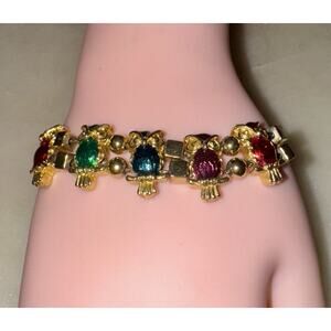 Vintage Gold Tone Enamel Colorful Owl Charm Slide Bracelet Foldover Clasp